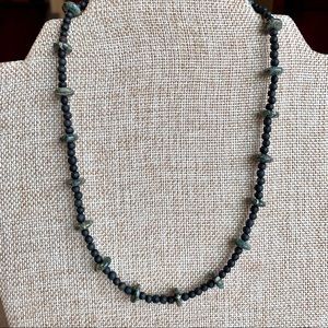 Dark Green Stone & Matte Black Beaded Necklace 17"